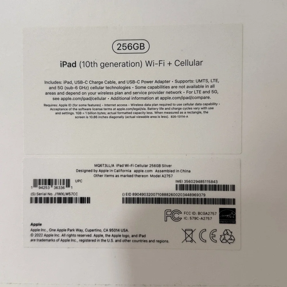 Apple iPad 10th Gen 256GB Silver Wi-Fi Cellular Empty Box & Manual